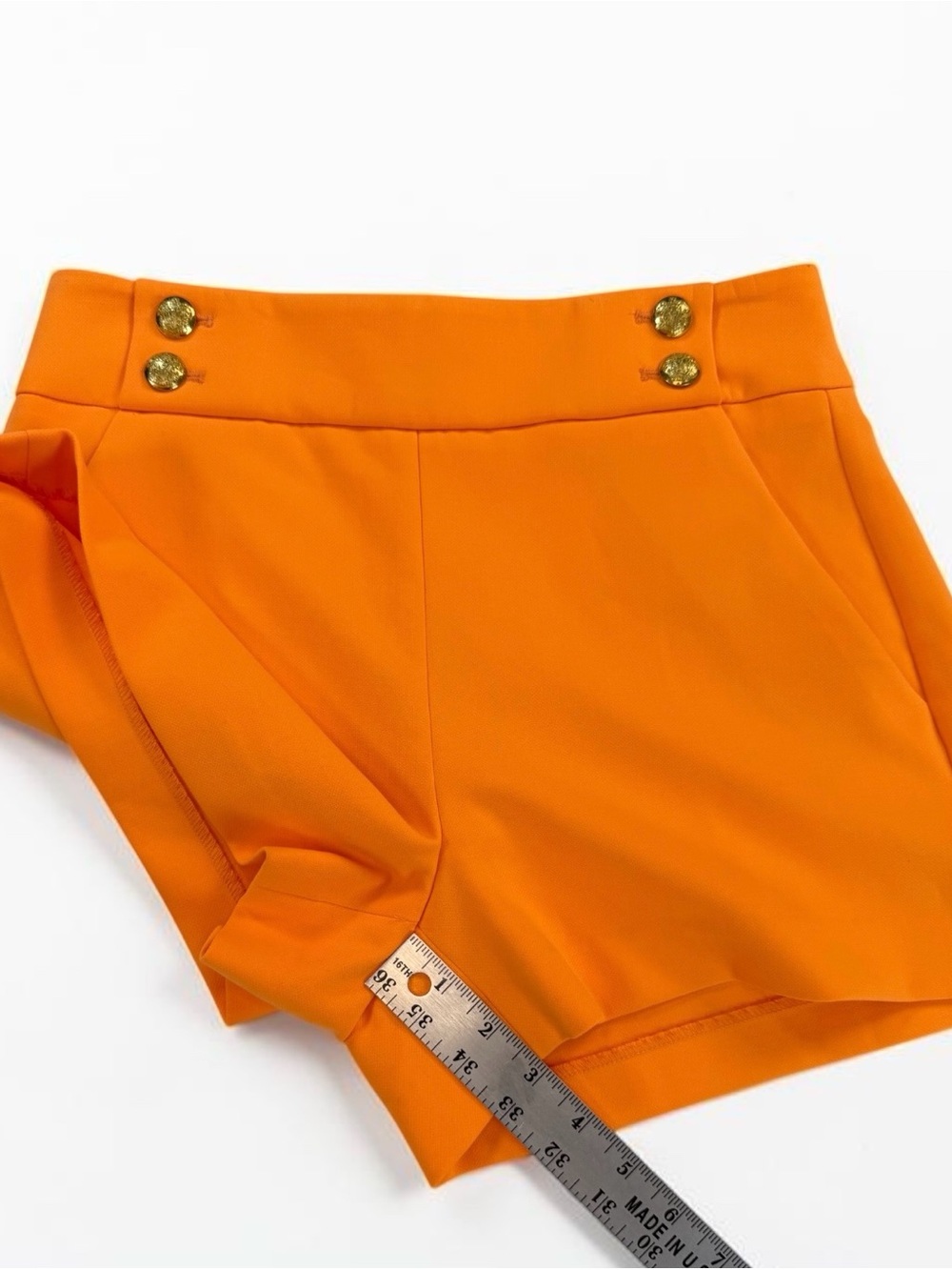 Veronica Beard Kimm High Waisted Orange Shorts with Gold Buttons - Picture 3 of 5